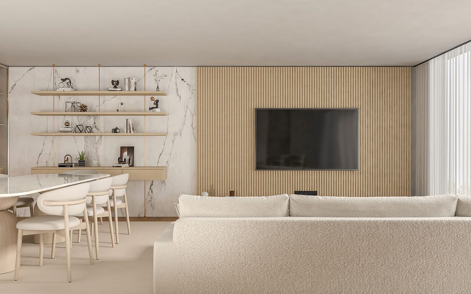 A finished open-plan living room with a slatted timber media wall and a wall-mounted TV